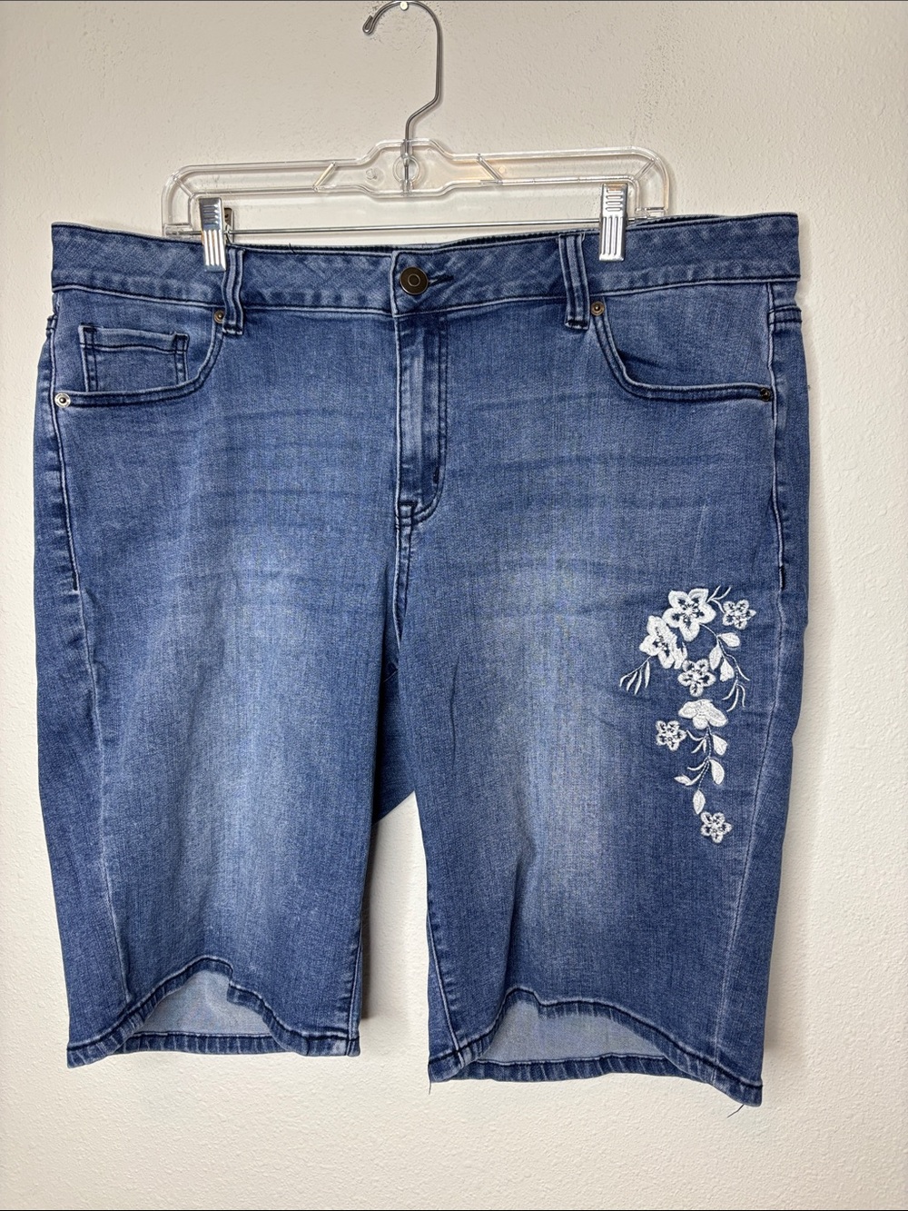 Venezia Blue Denim Bermuda Shorts with White Floral Embroidery